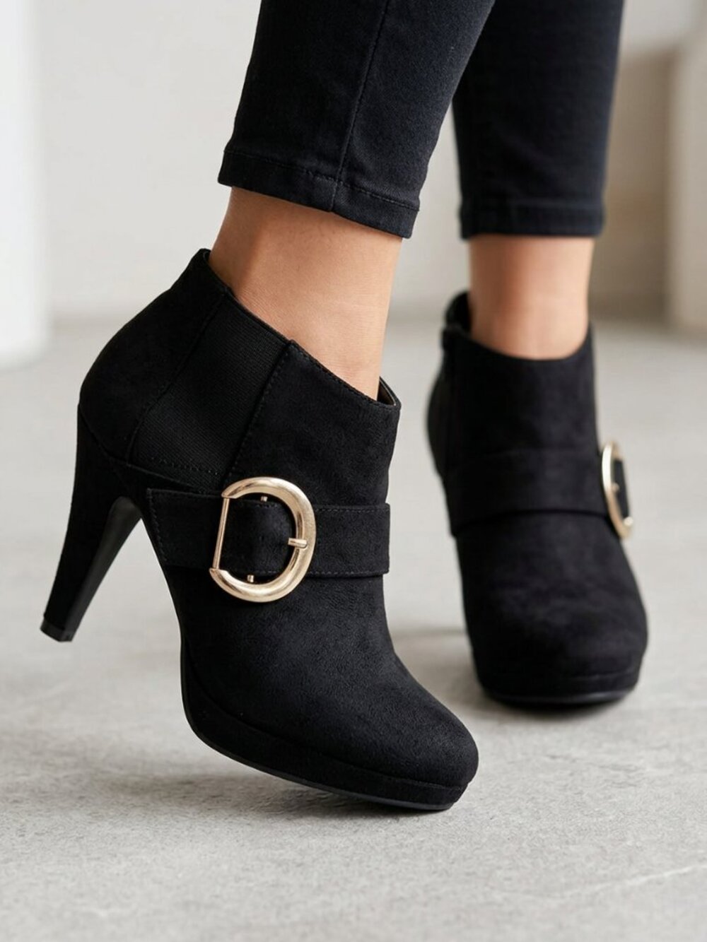 Lane Bryan Black Faux Suede Buckle Ankle Bootie